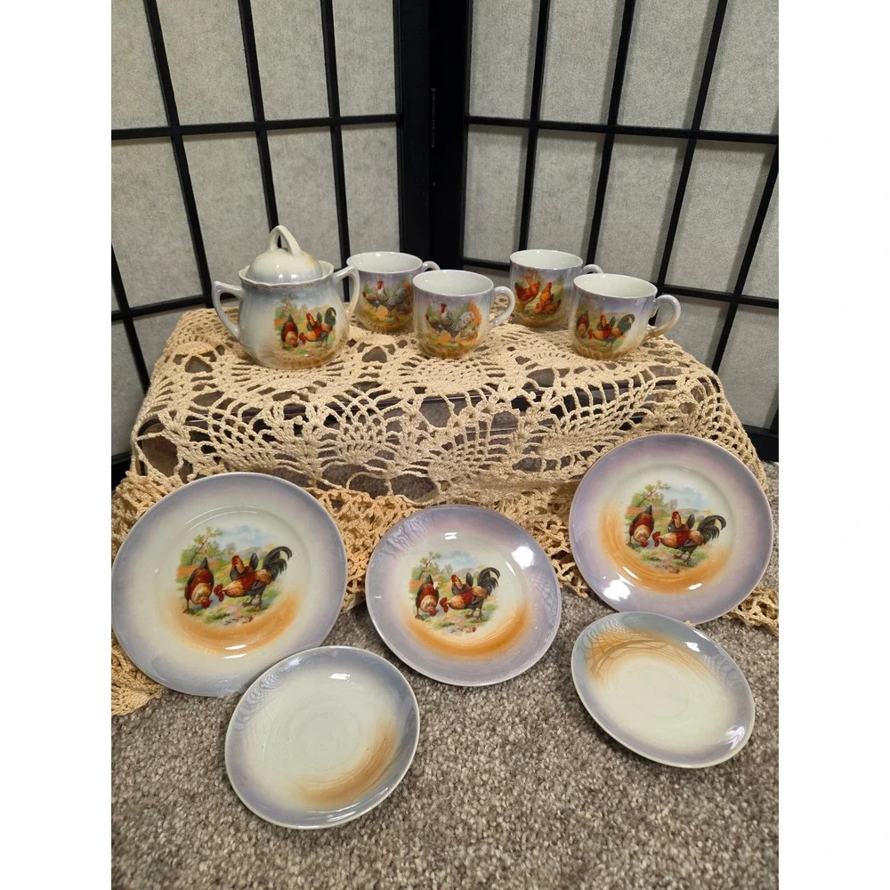 Vintage Germany 282 Lusterware Rooster Tea Set Miniature Sugar Bowl Cups Plates